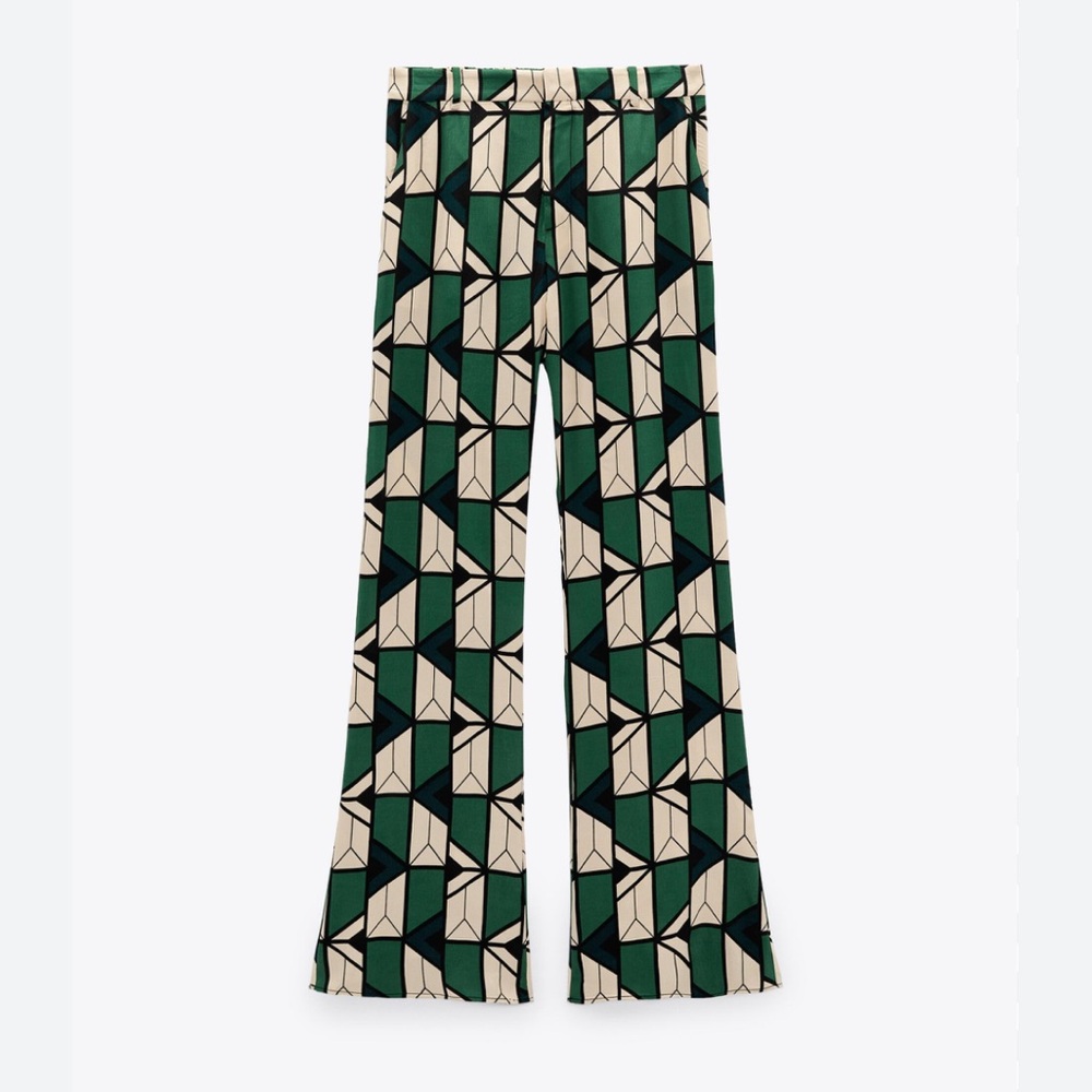 ZARA PRINTED FLARED PANTS - Green